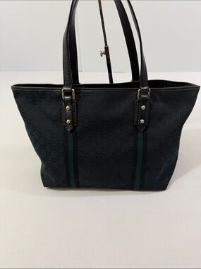 Gucci GG Canvas Black Web Stripe Leather Tote Shoulder Bag Made in Italy